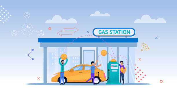 ilustrações de stock, clip art, desenhos animados e ícones de gas station cartoon illustration. car refill. - oil filed