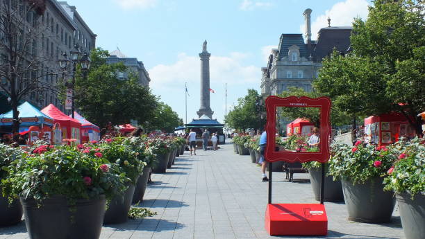 People mill about Place Jacques-Cartier in Old Montreal Montreal, Quebec, Canada, July 31, 2013: People mill about Place Jacques-Cartier in Old Montreal with Nelson's Column situated at the north end. place jacques cartier stock pictures, royalty-free photos & images