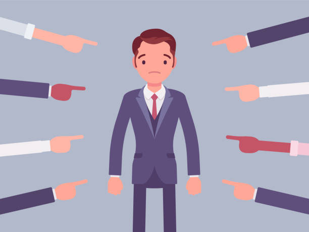 Shame on you, guilty man Shame on you, guilty man. Young male manager in painful feeling of humiliation or distress after wrong or foolish behaviour, loss of respect, dishonour pointed by many fingers. Vector illustration sheepish look stock illustrations