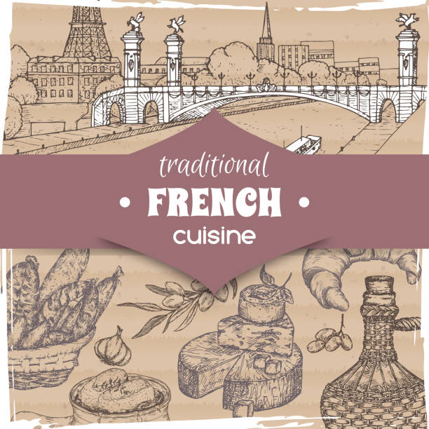 French cuisine template Paris landscape, wine bottle and cheese, croissant and onion soup, olives and sausages. French cuisine template Paris landscape, wine bottle and cheese, croissant and onion soup, olives and sausages. Hand drawn sketch. Great for restaurant, cafe ads, travel brochures, labels. pont alexandre iii stock illustrations