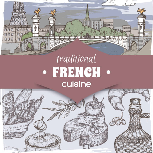French cuisine template color Paris landscape, wine bottle and cheese, croissant and onion soup, olives and sausages. French cuisine template color Paris landscape, wine bottle and cheese, croissant and onion soup, olives and sausages. Hand drawn sketch. Great for restaurant, cafe ads, travel brochures, labels. pont alexandre iii stock illustrations