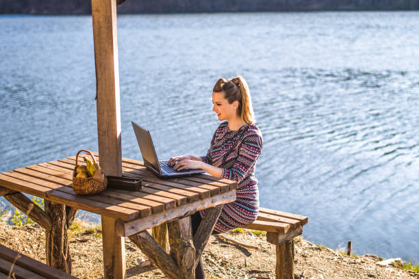 istock Working on the laptop by lake 1141732961