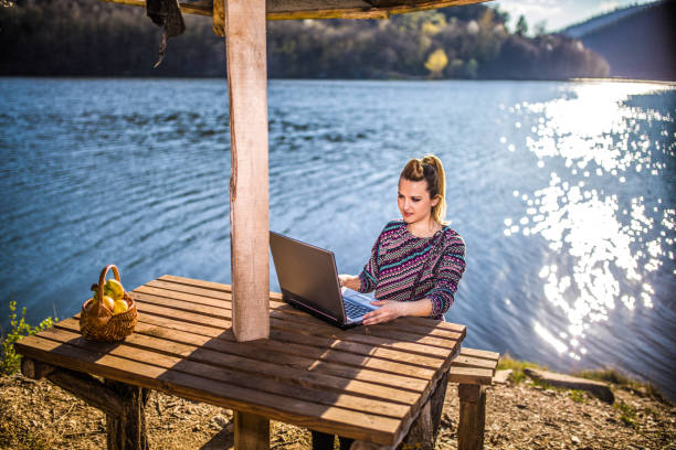 istock Working on the laptop by lake 1141733008