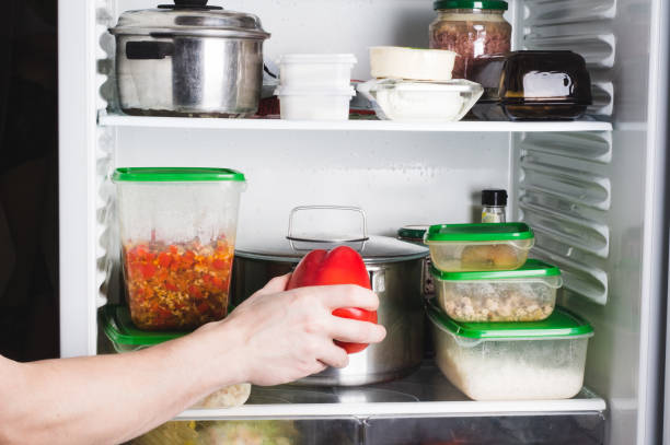 istock Refrigerator with different products in kitchen. Food supply for a week. 1141735775
