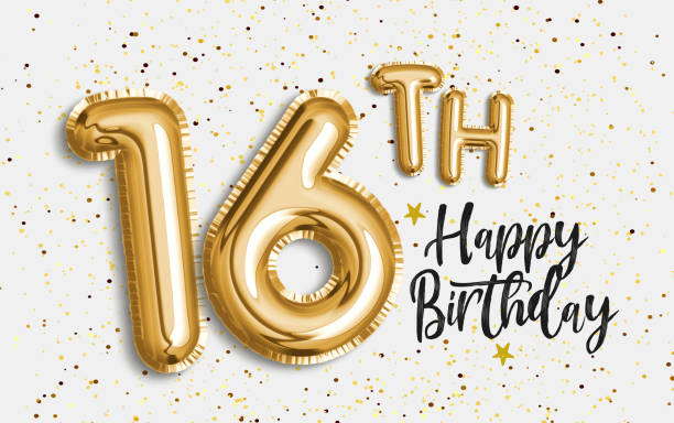 Happy 16th birthday gold foil balloon greeting background. Happy 16th birthday gold foil balloon greeting background. 16 years anniversary logo template- 16th celebrating with confetti. Photo stock. number 16 stock pictures, royalty-free photos & images