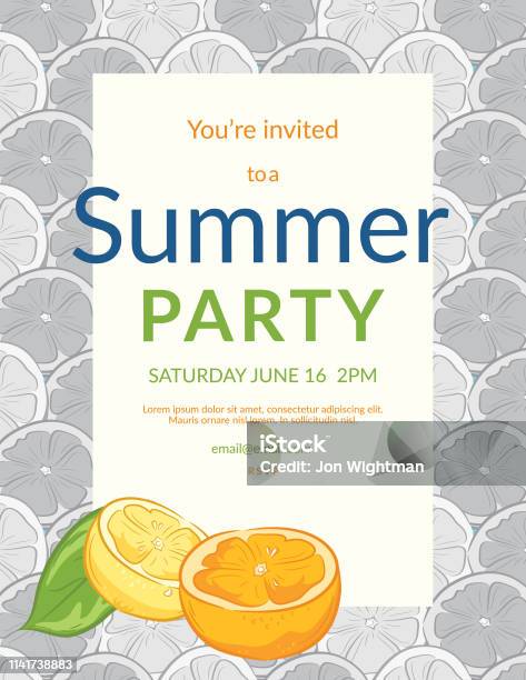 Summer Party Invitation Template With Citrus Stock Illustration - Download Image Now - Barbecue - Meal, Border - Frame, Bunting