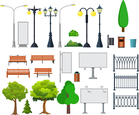 City and outdoor elements. Lamppost and container, bush and signboards. Vector illustration in flat style