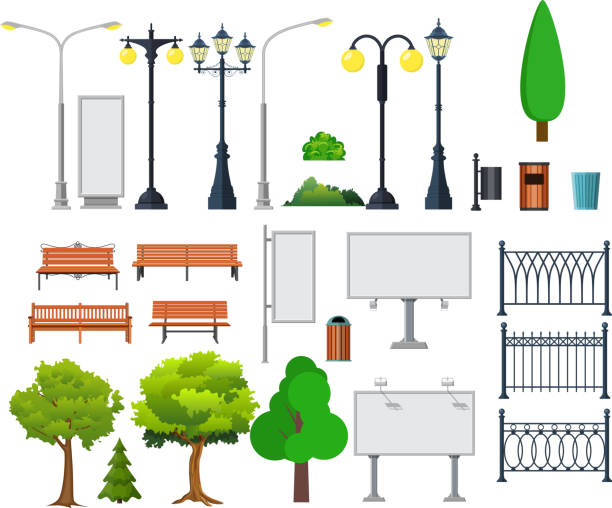 City and outdoor elements. City and outdoor elements. Lamppost and container, bush and signboards. Vector illustration in flat style park bench vector stock illustrations