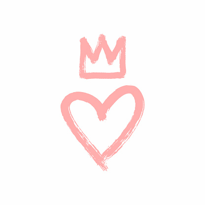 Heart and crown drawn by hand with a rough brush. Sketch, grunge, watercolor, paint, graffiti. Isolated vector illustration.