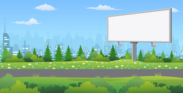 Billboard on the road. Billboard on the road. Road outside the city. Landscape. Nature and the city. Vector illustration in flat style billboard stock illustrations