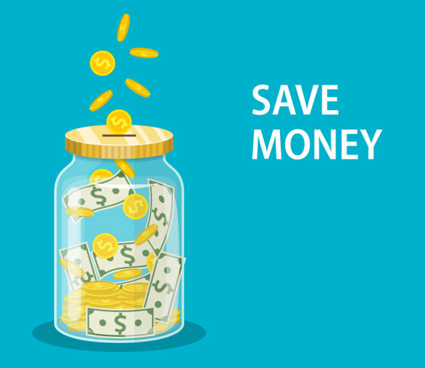 money jar. dollar-münze im glas sparen. - currency jar coin donation box stock-grafiken, -clipart, -cartoons und -symbole