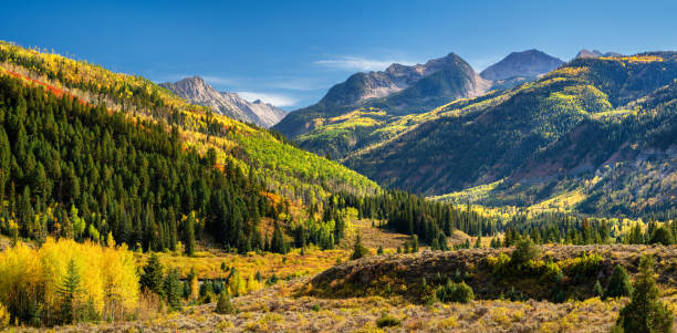 outono dourado aspen no passo da montanha de mcclure-montanhas rochosas de colorado - colorado road mountain landscape - fotografias e filmes do acervo