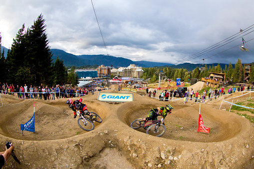 Aurelien Giordanengo (left) and Connor Fearon (right) compete at the Crankworx Dual Slalom event at the Whistler Mountain Bike Park in Whistler, B.C., Canada on August 15, 2014. (John Gibson Photo/Gibson Pictures)