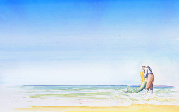 ilustrações de stock, clip art, desenhos animados e ícones de a young man kisses a mermaid by the sea. romantic light background for your design. inscription vacation time. watercolor illustration. summer and love. - illustration and painting watercolor painting people couple