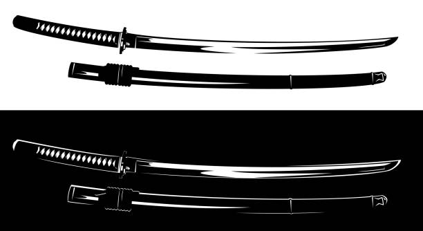 black and white samurai katana sword vector design traditional japanese katana blade - samurai sword black and white vector design set samurai stock illustrations