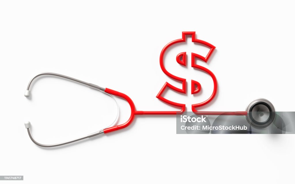 Red Stethoscope Forming An American Dollar Sign On White Background Red stethoscope forming an American Dollar sign on white background. Financial analysis concept. Horizontal composition with clipping path and copy space. Directly above. Healthcare And Medicine Stock Photo
