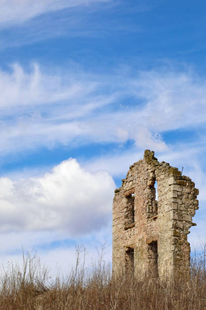 A wall of an abandoned building stands tall even thought it looks like it's been ravaged by weather, fire and more.