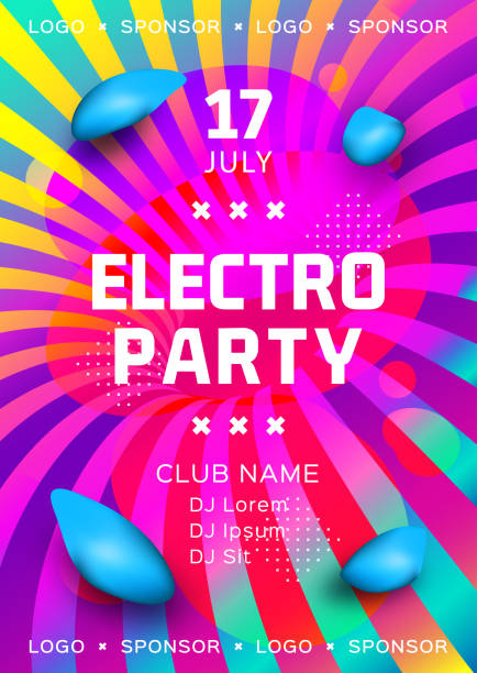 plakatdesign für electronic music festival. regenbogen-hintergrund gradient flüssigkeitsformen. futuristischer geometrischer hintergrund. leuchtende partikel flüssige dynamik. elektro-partyflyer. vektorabbildung - party background stock-grafiken, -clipart, -cartoons und -symbole