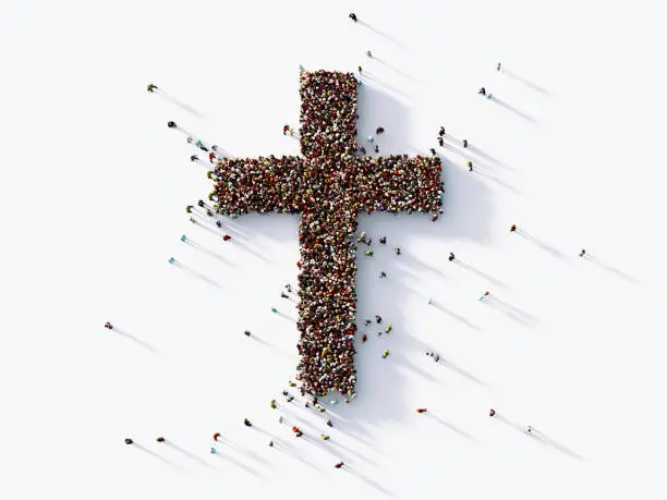 Human crowd forming a cross shape on white background. Horizontal  composition with copy space. Clipping path is included. Faith and social Media concept.