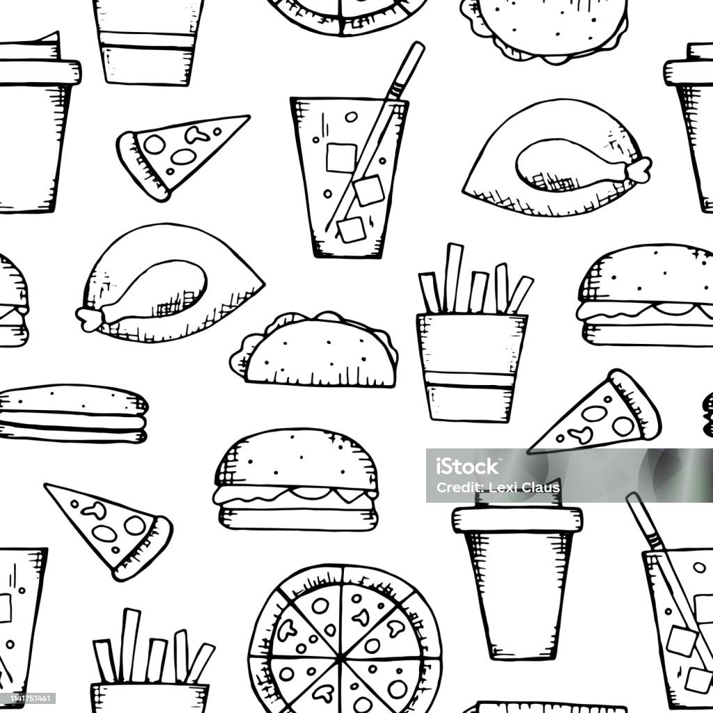 Fast food pattern Hand-drawn fast-food seamless pattern. Illustration of lemonade, roasted chicken, fries, coffee, pizza, hamburger, hot-dog, burrito isolated on white background. Repeat background for restaurant menu Art stock vector