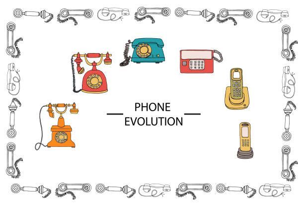 Telephone set Vector illustration of phone evolution framed in receiver pattern. Vector vintage means of communication set. Retro collection of wired rotary dial telephone, radio phone rotary dial telephone cartoons stock illustrations