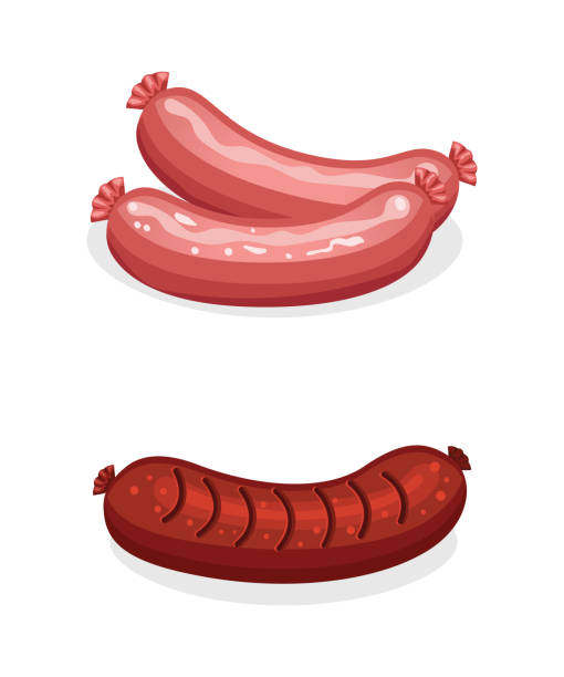 ilustraciones, imágenes clip art, dibujos animados e iconos de stock de salchichas cocinadas y salchichas crudas - lunch sausage breakfast bratwurst