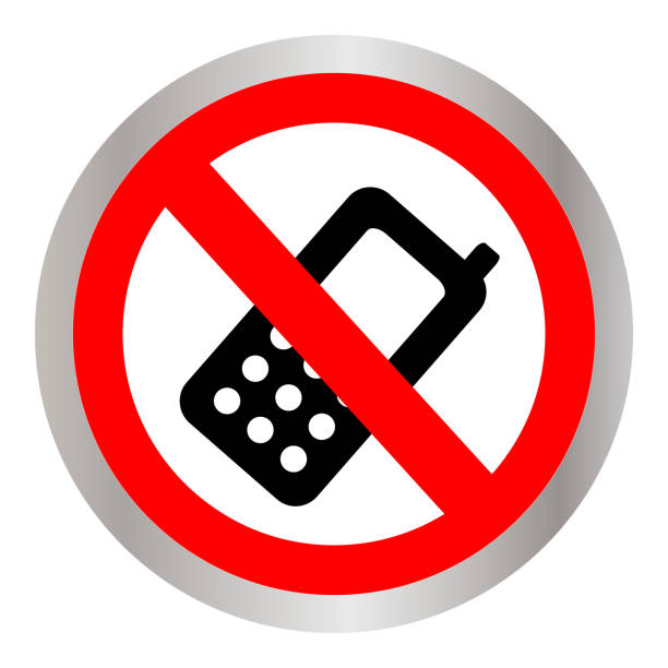 istock Prohibited Circle Silver Metallic Turn Off Mobile Phone Sign Isolated on White Background 1141753149