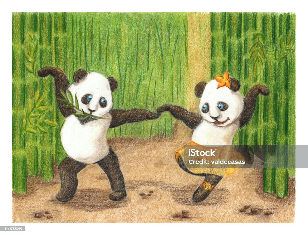 Couple of panda Bears dancing A couple of panda bears (male and female) dancing in a wood of Bamboo trees. Traditional art pencil drawing. Bear stock illustration