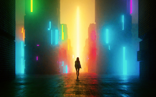 Uncertain young woman standing on the street at night. This is entirely 3D generated image.