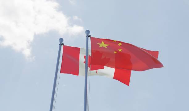 istock China and Canada, two flags waving against blue sky 1141759792