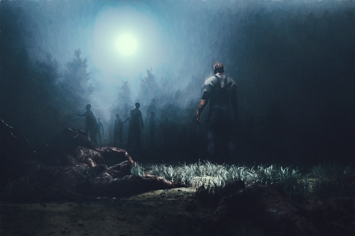 Zombies in the forest at night. This is entirely 3D generated image with a paintover.