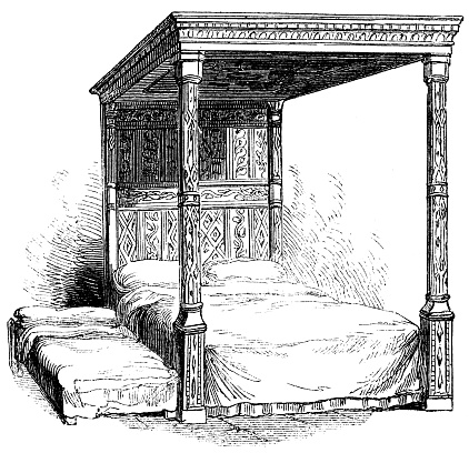 Standing bed and truckle bed (trundle bed) circa 16th century from the Works of William Shakespeare. Vintage etching circa mid 19th century. The standing bed was for master, the truckle bed was for the servant.