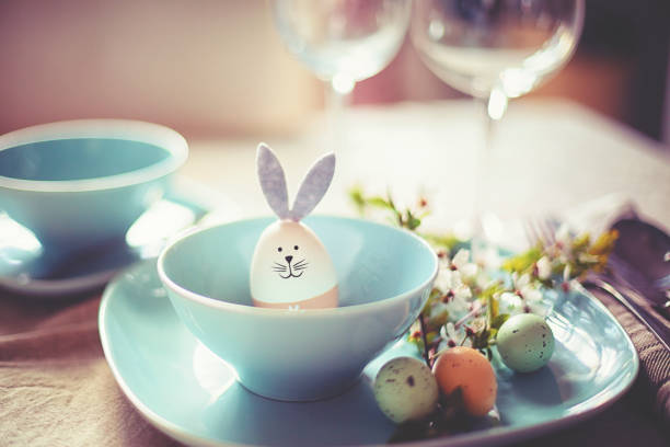 Prepare Easter meals with colorful dishes and Easter eggs