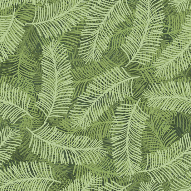 Christmas pattern with green coniferous branches Christmas pattern with light and dark green coniferous branches. Cute doodle overlapping fir or pine twigs with needles texture for textile, wrapping paper, surface, wallpaper, background needle plant part stock illustrations