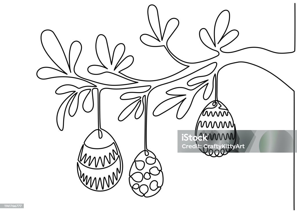 Continuous one line art drawing of Easter eggs Single line drawing. Continuous one line art. Easter eggs hanged on tree branch. Hand drawn minimalistic design for creative logo, icon or emblem. Editable stroke. Doodle stock vector