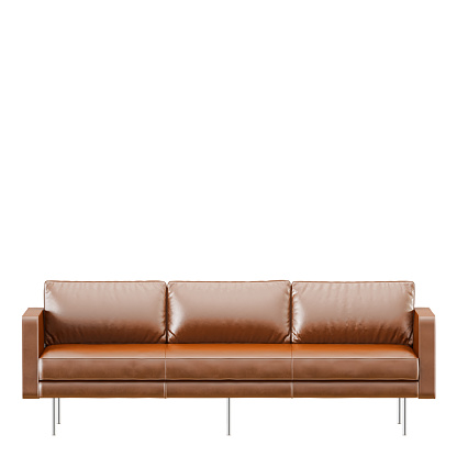 Brown three-seater leather sofa on a white background 3d rendering