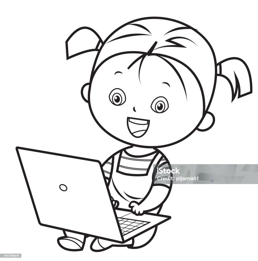 Coloring book, smiling girl using laptop Vector coloring book, smiling girl using laptop Coloring Book Page - Illlustration Technique stock vector