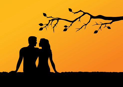 Romantic background with lovers. Couple in love vector illustration. Man and woman at sunset