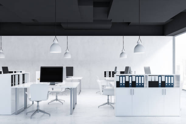 istock Interior of white open space office, bookcases 1141778831