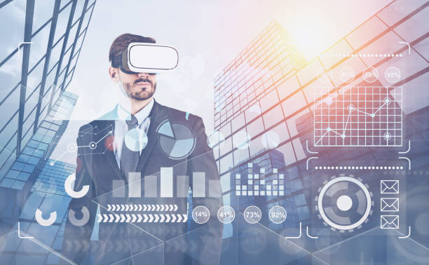 istock Man in vr goggles in city, infographics 1141779497