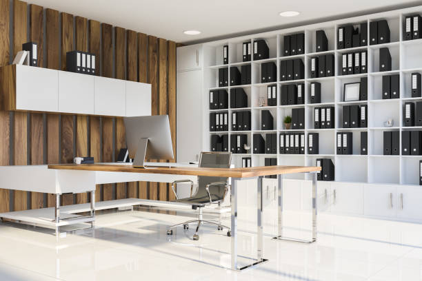 istock White and wood manager office corner, shelves 1141779593
