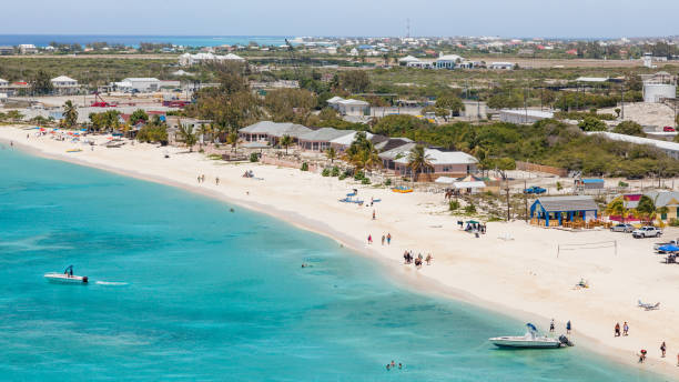 Aerial view of the beach at the cruise center of Grand Turk in the Caribbean with a view over Cockburn Town. Aerial view of the beach at the cruise center of Grand Turk in the Caribbean with a view over Cockburn Town. turks and caicos islands caicos islands bahamas island stock pictures, royalty-free photos & images