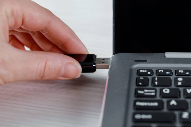 istock Female hand inserting USB flash drive and laptop 1141784093
