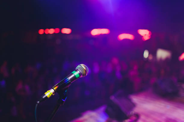 istock microphone against blur on beverage in pub and restaurant background. 1141790150