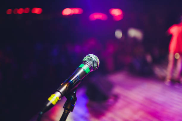 istock microphone against blur on beverage in pub and restaurant background. 1141790158