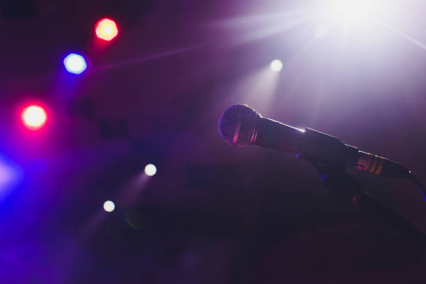 istock microphone against blur on beverage in pub and restaurant background. 1141790167