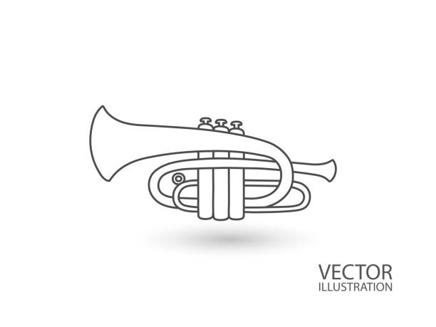 ikona liniowa trąbka z miejscem dla tekstu izolowanego na białej ilustracji wektora tła. - trumpet musical instrument wind instrument flugelhorn stock illustrations