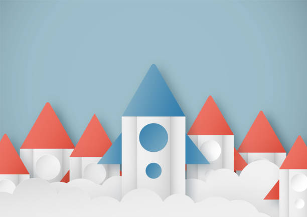 istock Vector illustration with start up concept in paper cut, craft and origami style. Rocket is flying on blue sky. Template design for web banner, poster, cover, advertisement. 3D art craft for kids. 1141793918