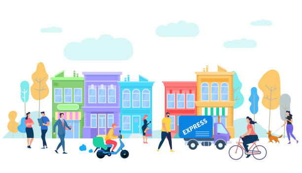 Human Life in Moder City. Summer Time Activity. Human Life in Moder City. Summer Time People Activity. Characters Riding Bycicle, Scooter, Van Car, Express Delivery, Walking with Dog, Talking on Urban Background Cartoon Flat Vector Illustration. walking backgrounds stock illustrations