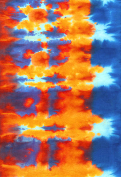 abstract hand painted floral fabric tie-dye orange and blue bright background - fire heat ornate dirty imagens e fotografias de stock